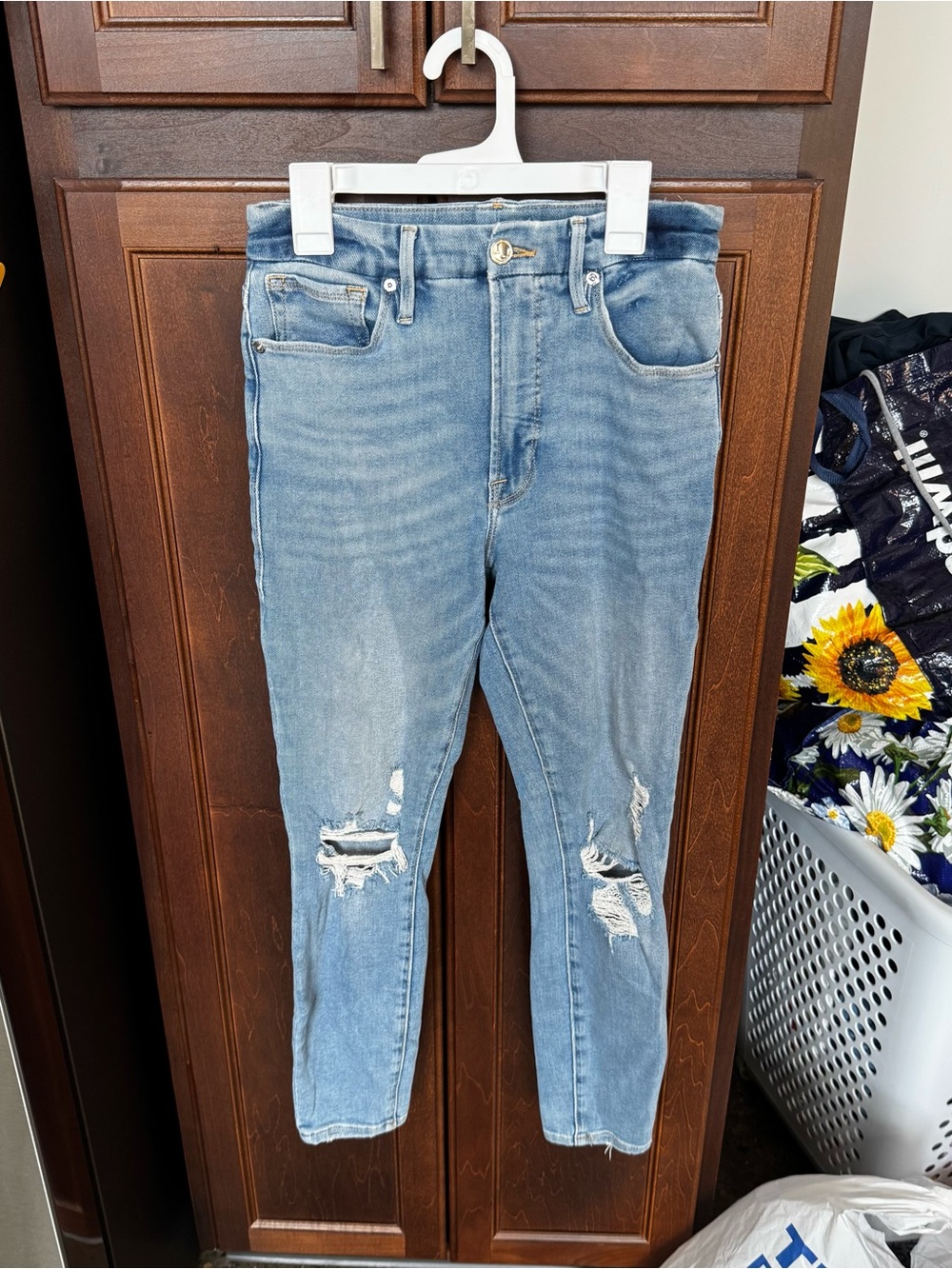 Good American Good Waist Crop High Rise Skinny Jeans Indigo138 Distressed Size 4